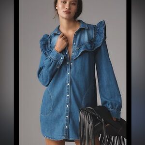 NWOT Anthropologie Pilcro Ruffle Denim Mini Shirt Dress in Blue